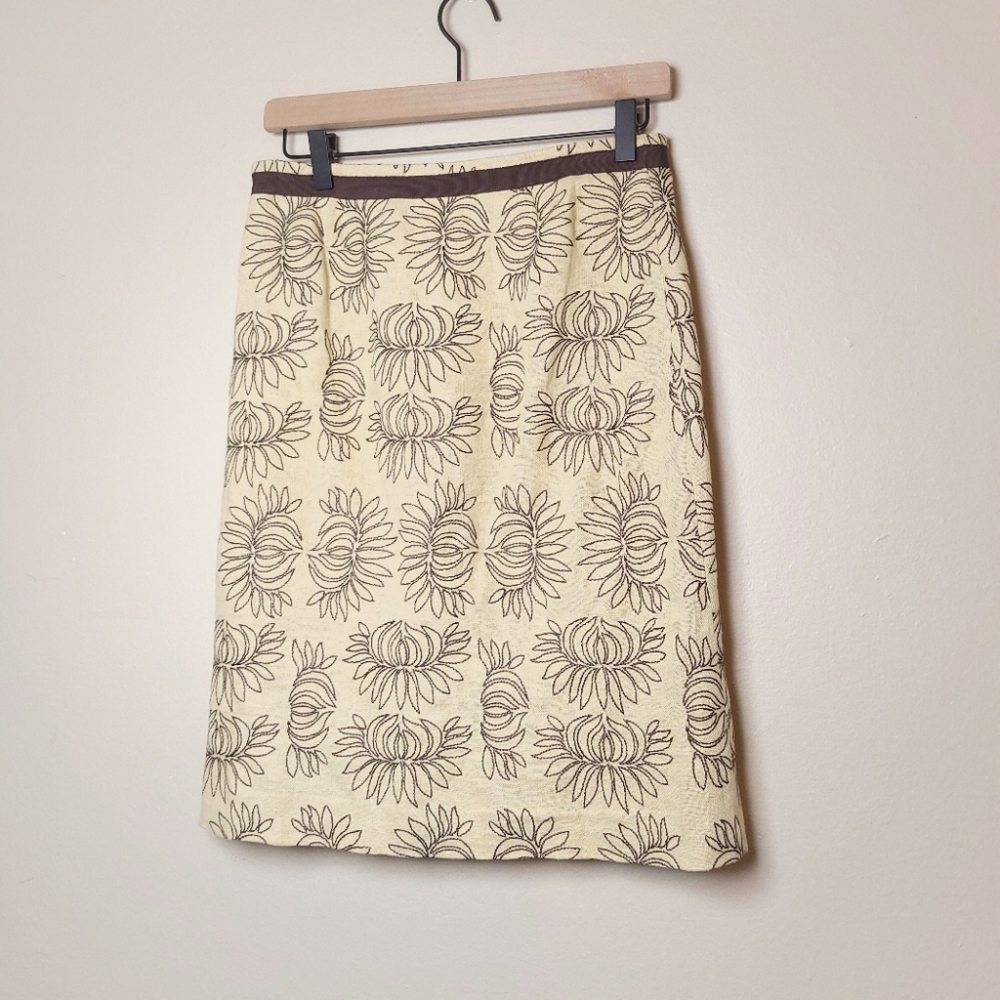Tory Burch Linen Embroidered Skirt with Ribbon Trim Waist SZ 0